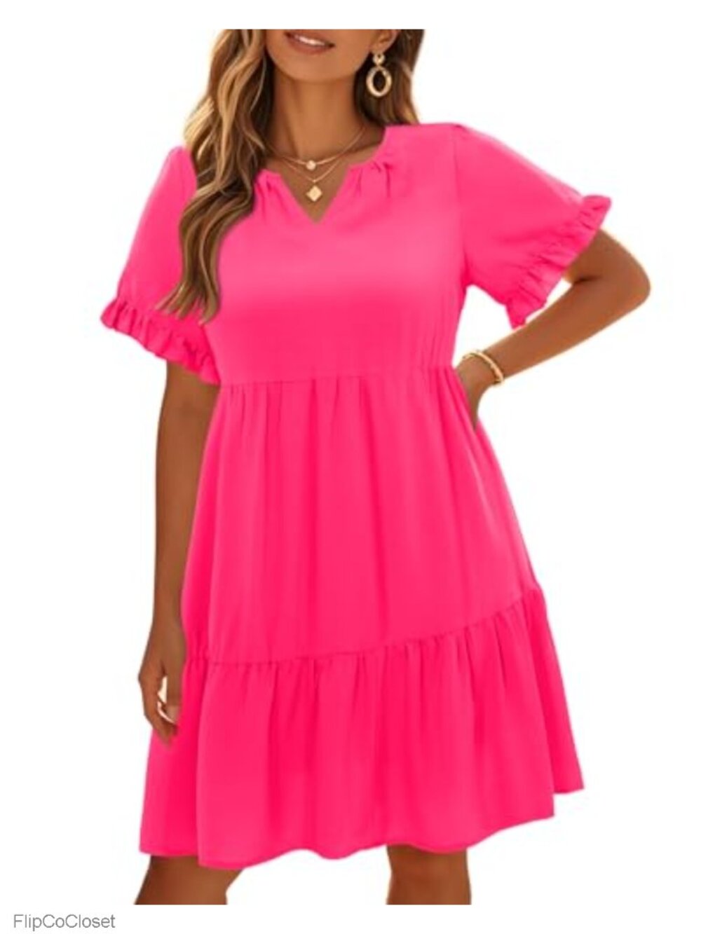 Plus Size Tiered Babydoll Dress V-Neck Short Sleeve Flow A-Line